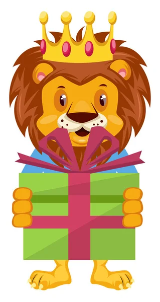Lion with birthday present, illustration, vector on white backgr — Stock Vector