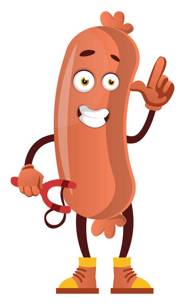 Sausage with sling shot, illustration, vector on white backgroun