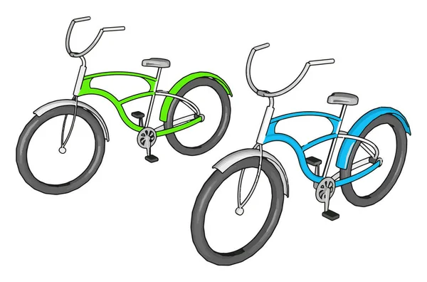 Groene en blauwe fiets, illustratie, vector op witte achtergrond. — Stockvector