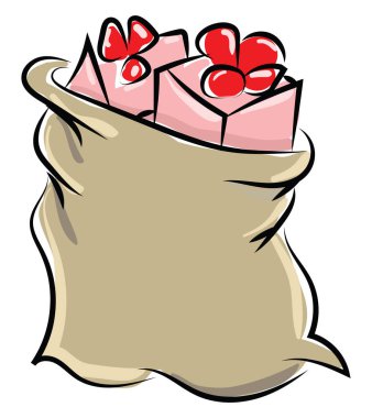 Hediyeler, illüstrasyon ve beyaz arkaplanda vektör içeren çanta.