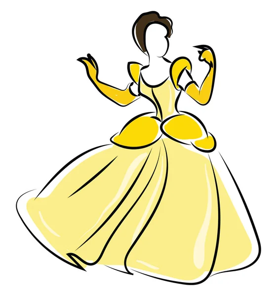 Vrouw in gele jurk, illustratie, vector op witte achtergrond. — Stockvector