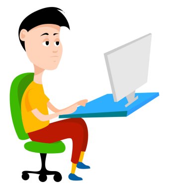 Bilgisayardaki adam, illüstrasyon, beyaz arka planda vektör.