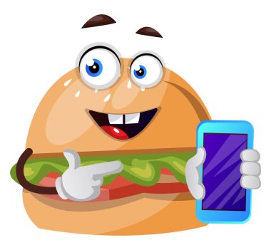 Burger cep telefonu ile, illüstrasyon, beyaz arka plan vektör.