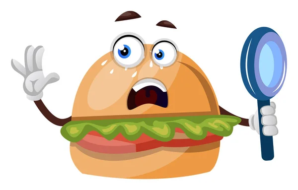 Burger avec loupe, illustration, vecteur sur fond blanc — Image vectorielle