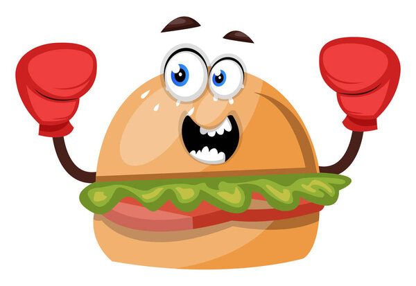 Burger with red gloves, illustration, vector on white background
