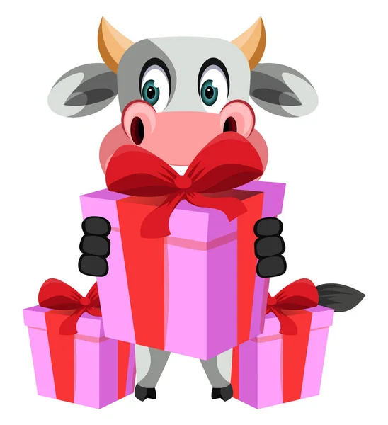 Vache avec cadeau d'anniversaire, illustration, vecteur sur fond blanc — Image vectorielle