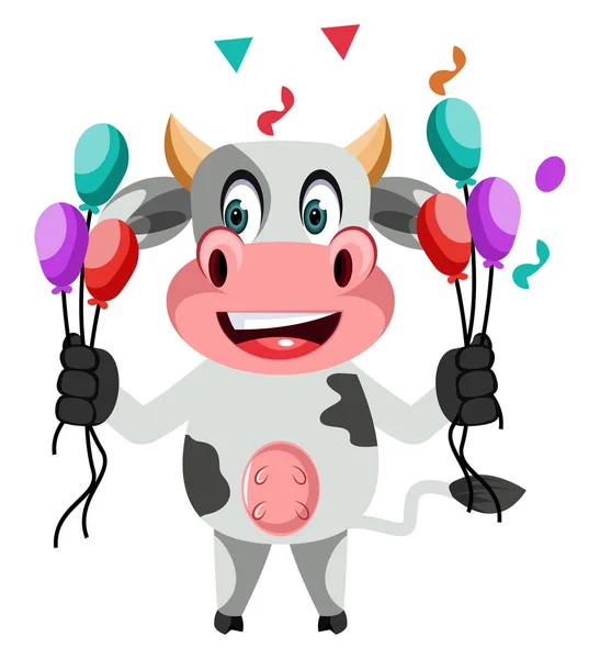 Корова с воздушными шарами, иллюстрация, вектор на белом фоне . — стоковый вектор