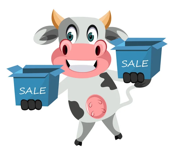 Vache avec boîtes de vente, illustration, vecteur sur fond blanc . — Image vectorielle