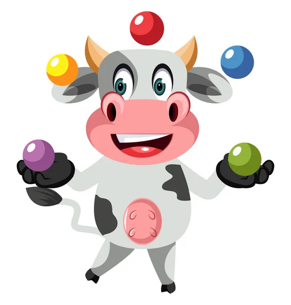 Cow juggling, illustration, vector on white background. — Stock Vector