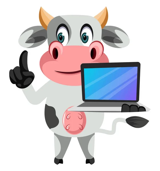 Cow with laptop, illustration, vector on white background. — Stock Vector