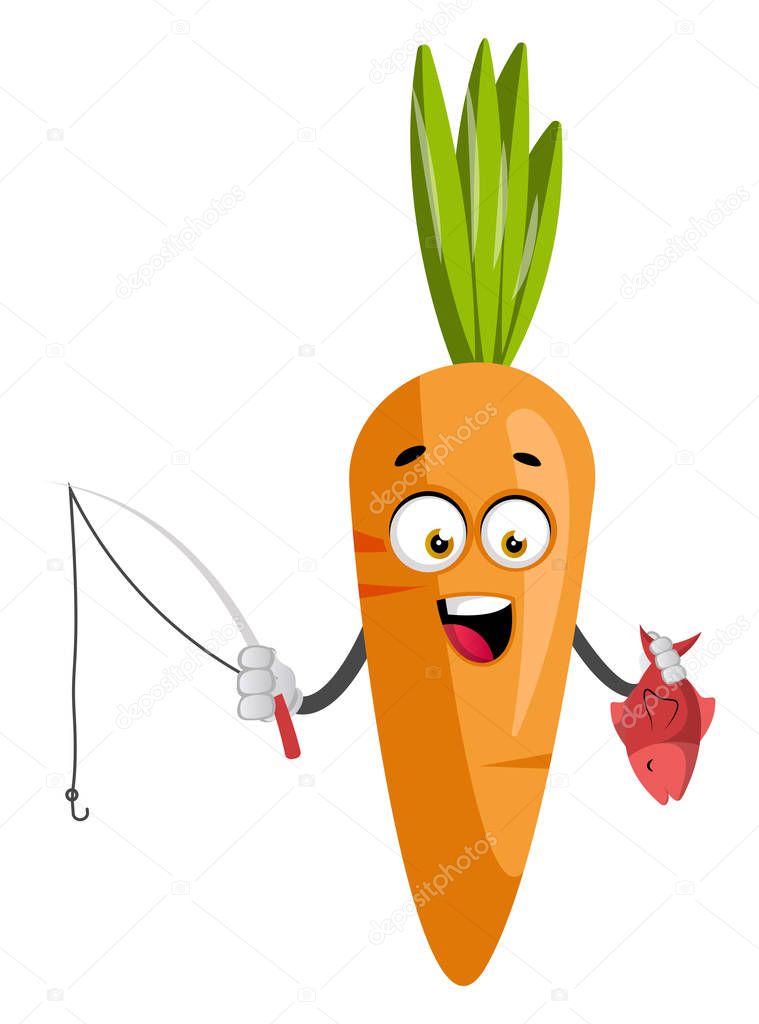 Carrot with fishing rod, illustration, vector on white backgroun