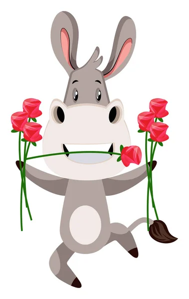 Donkey with flowers, illustration, vector on white background. — Stock Vector