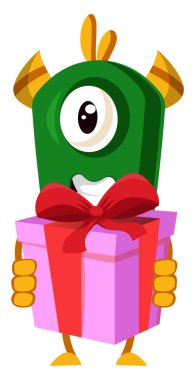 Doğum günü hediyesi ile Canavar, illüstrasyon, beyaz bac vektör