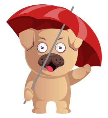 Kırmızı şemsiyeli pug, illüstrasyon, beyaz arka plan üzerinde vektör.