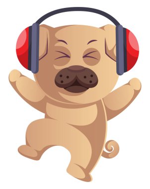 Kulaklıklı pug, illüstrasyon, beyaz arka plan üzerinde vektör.