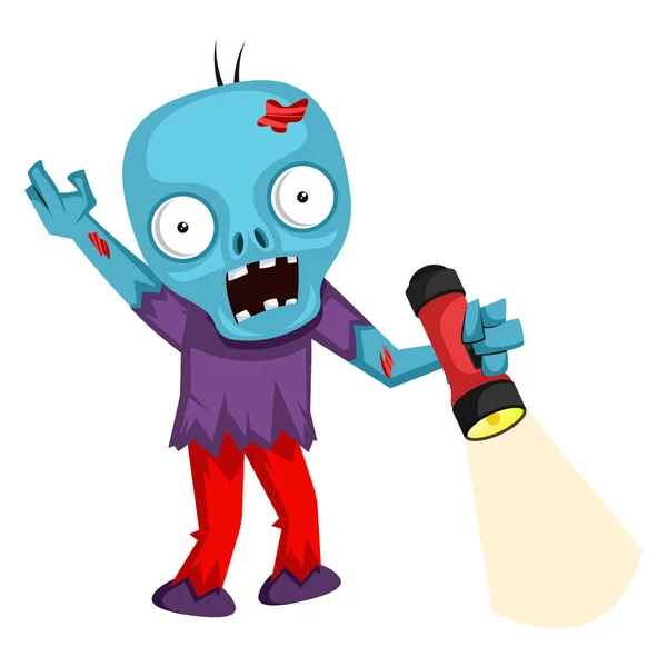 Zombie mit Taschenlampe, Illustration, Vektor auf weißem Hintergrund — Stockvektor