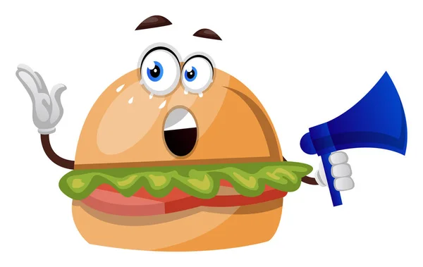 Megafonlu burger, illüstrasyon, beyaz arka plan vektör. — Stok Vektör