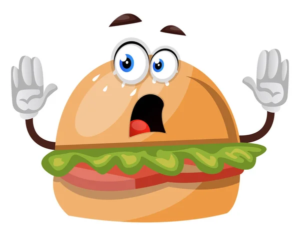 Burger spaventato, illustrazione, vettore su sfondo bianco . — Vettoriale Stock