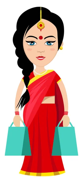 Indisk kvinna med shoppingväskor, illustration, vektor på vit — Stock vektor