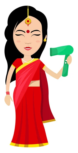 Indisk kvinna med hårfön, illustration, vektor på vit bak — Stock vektor