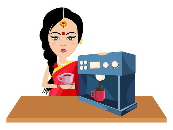 Indian woman making coffee, illustration, vector on white backgr