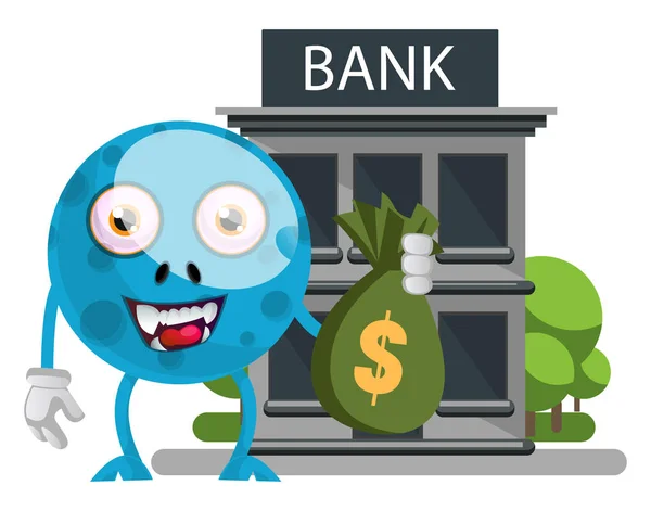 Blaues Monster mit Geld und Bank, Illustration, Vektor auf Weiß — Stockvektor