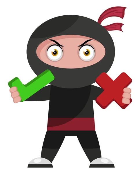 Ninja with yes and no icon, illustration, vector on white backgr — Stock Vector