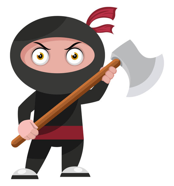 Ninja with big axe, illustration, vector on white background.