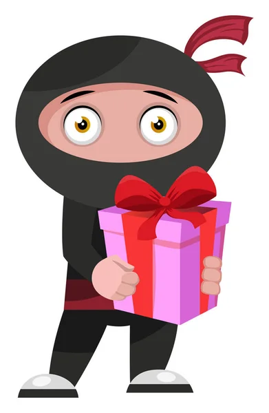 Ninja with birthday present, illustration, vector on white backg — Stock Vector