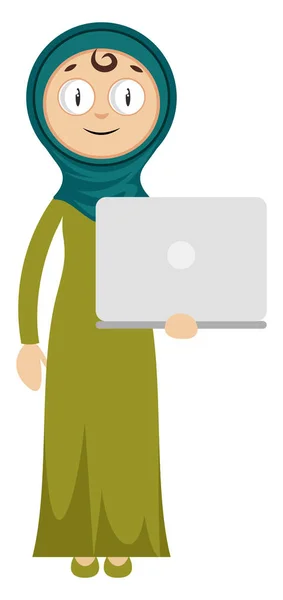 Donna con computer portatile, illustrazione, vettore su sfondo bianco . — Vettoriale Stock