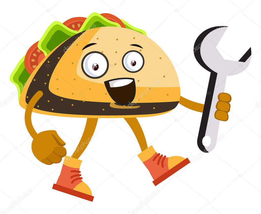 Taco with big wrench, illustration, vector on white background.