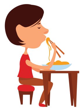 Yemek yiyen kadın, illüstrasyon, beyaz arka planda vektör.