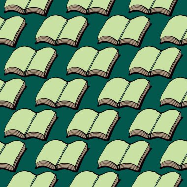 Açılmış kitap, yeşil arkaplanda pürüzsüz desen.