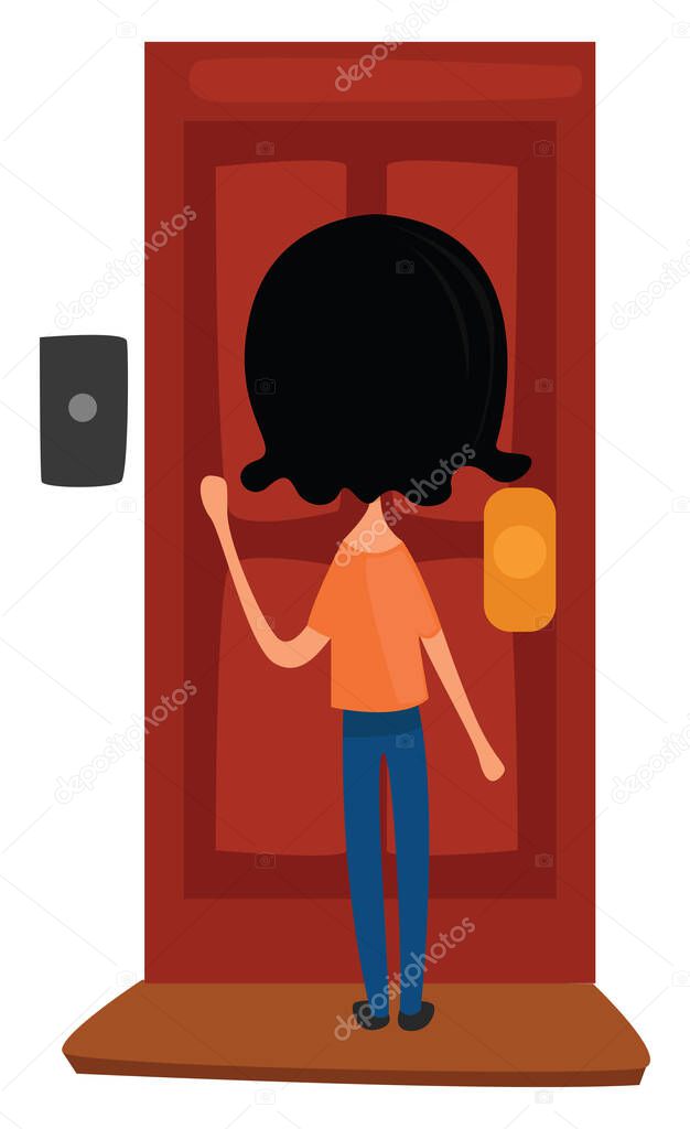 Girl knocking on the door, illustration, vector on white background