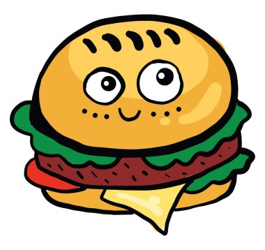 Happy burger, illüstrasyon, beyaz arkaplanda vektör