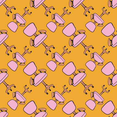 Pembe tekerlekli sandalye, turuncu arka planda pürüzsüz desen..