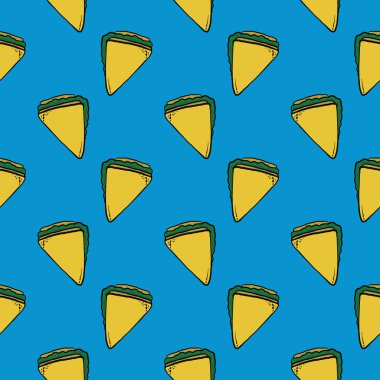 Üçgen sandviç, mavi arkaplanda kusursuz desen..