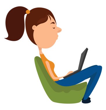 Bilgisayar, illüstrasyon ve beyaz arkaplan üzerinde çalışan kız