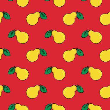 Sarı tatlı armut, kırmızı zeminde pürüzsüz desen.