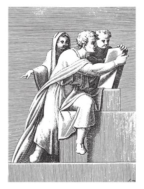Yazı Tableti ve İki Çocuğu Olan Adam, Adamo Scultori, Michelangelo 'dan sonra, 1585, eski gravür..