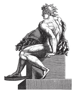 Çıplak oturan Adamo Scultori, Michelangelo 'dan sonra, 1585 çıplak adam, sola döndü, arkasında meşe palamudu bir çelenk ile, klasik oyma.