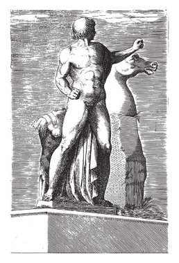 Roma 'daki Quirinal' daki Dioscures heykellerinden biri. Atlı iki çıplak adam. Önceki bölümlerde Pheidias ve Praxiteles olarak yorumlandı..