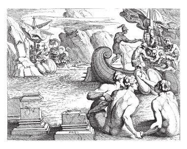 Odesa ve Sirenler, Theodoor van Thulden, Francesco Primaticcio 'dan sonra, Nicolo Dell Abate' den sonra, denizcilerin sonlarına doğru yelken açtıkları şarkı söyleyen sirenler, vintage oymacılığı..
