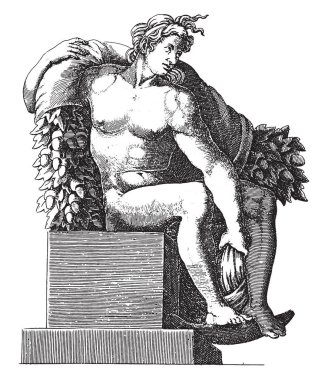Çıplak oturan Adamo Scultori, Michelangelo 'dan sonra, 1585' te çıplak bir adam, sağa döndü, meşe palamudu ve klasik oyma ile.