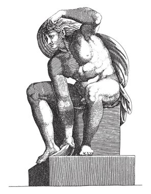 Çıplak oturan Adamo Scultori, Michelangelo 'dan sonra, 1585' te çıplak bir adam, sol tarafa döndü, elinde bir bez parçasıyla,.