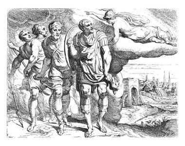 Odesa ve Telemachus, Laertes, Odesa, oğlu Telemachus, Eumaeus ve Philoetius 'a giderken saraydan silahlı ve klasik oymalı olarak ayrılırlar..