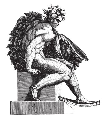 1585 yılında Michelangelo 'dan sonra çıplak oturan Adamo Scultori, omzunda meşe palamudu desenli bir çelenkle sağa döndü..
