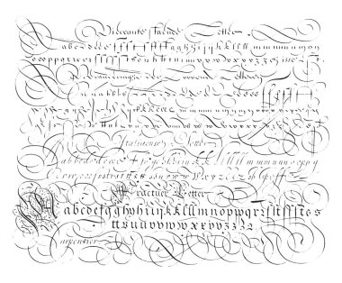 Alfabe ile örnek yazıyorum, Lieven Willemsz. Coppenol, George de Carpentier 'den sonra, 1618 alfabe ile dört farklı yazı tipi, eski gravür.