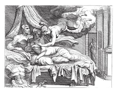 Minerva dispels Penelope's doubts, Minerva appears to Penelope and convinces her that the man next to her in bed is really Odysseus, vintage engraving. clipart