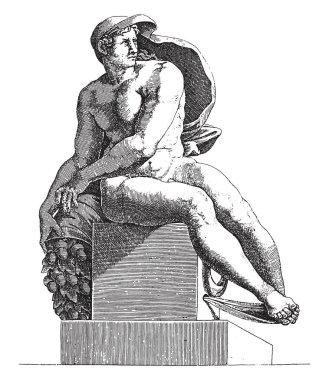 Çıplak oturan Adamo Scultori, Michelangelo 'dan sonra, 1585' te çıplak bir adam, başının üzerinde bir bez ve bir palamut çelengi ile sağa döndü..